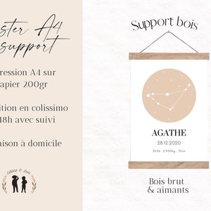 May include: A4 poster with a wooden support. The poster features a beige circle with a constellation design and the name "AGATHE" with birth details: date, time, weight (2.950 kg), and length (51 cm).