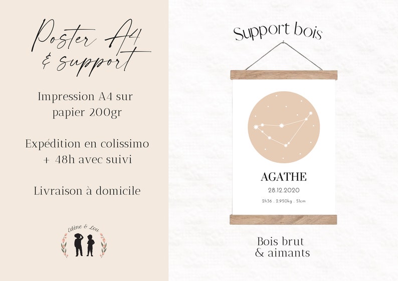 May include: A4 poster with a wooden support. The poster features a beige circle with a constellation design and the name "AGATHE" with birth details: date, time, weight (2.950 kg), and length (51 cm).