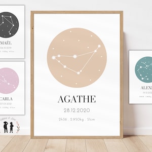 Cartel del zodíaco minimalista personalizado - Cartel de nacimiento de signos astrológicos - estrella - Nombre, peso, altura y hora - PDF o impreso