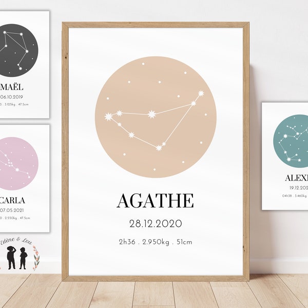 Personalized minimalist zodiac poster - Astrological sign birth poster - star - First name, weight, height and time - PDF or printed