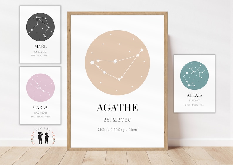 May include: Framed art prints featuring constellation designs. The prints include names, dates, and measurements. The central print has a beige circle with a constellation and the name "AGATHE" and birth details. Other prints have different constellations.