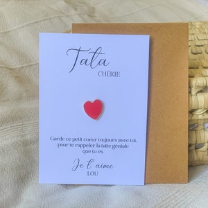 Carte Tata personnalisée - broche coeur - pin's coeur rouge - cadeau Tatie
