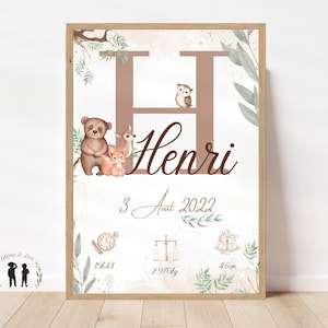 Póster personalizado de nacimiento de animales del bosque - Inicial, nombre, peso, altura y hora - PDF o impreso