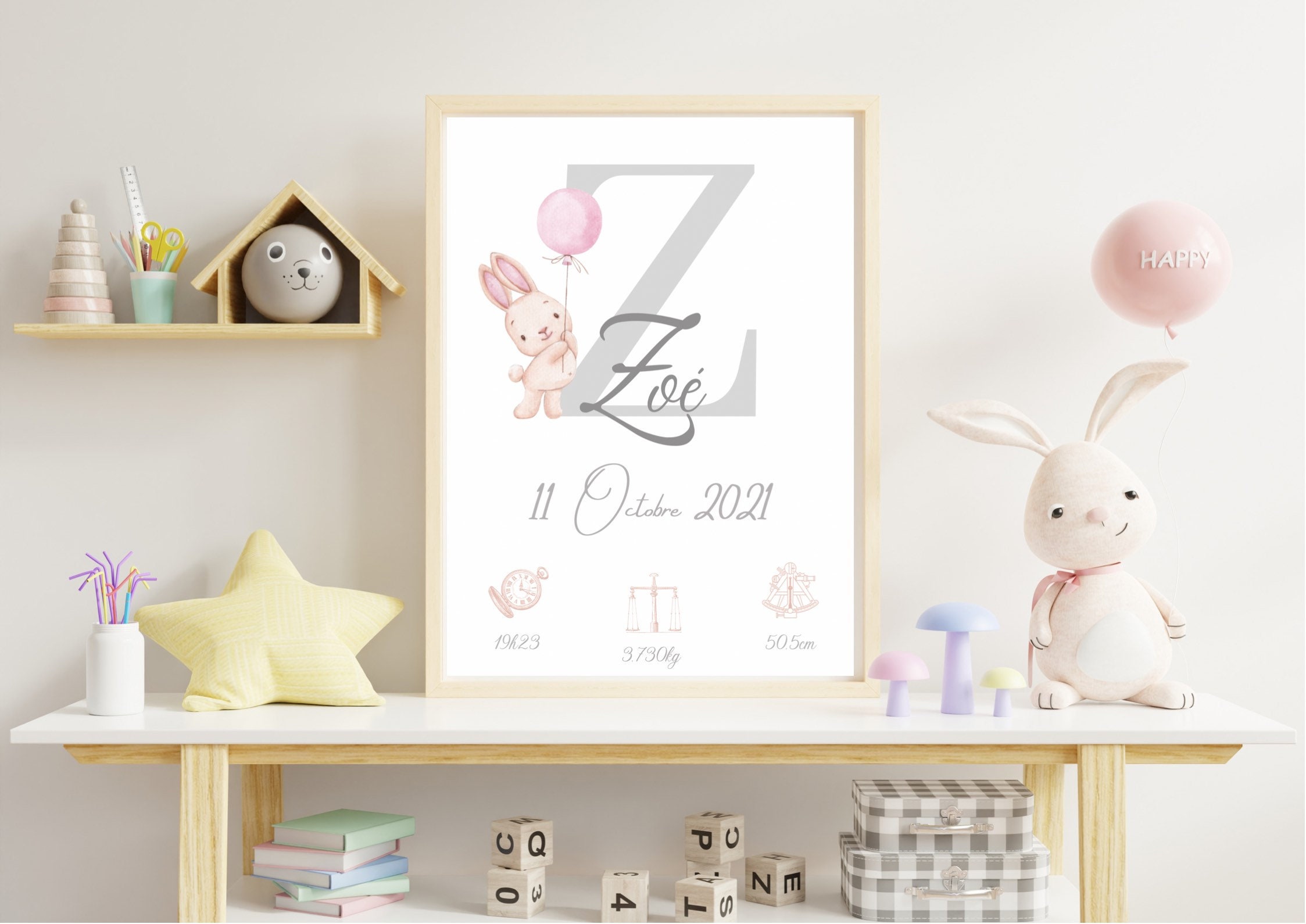 Affiche de Naissance Personnalisée Lapin - Affiche Bébé Prénom, Date, Heure, Poids Pdf ou Imprimée