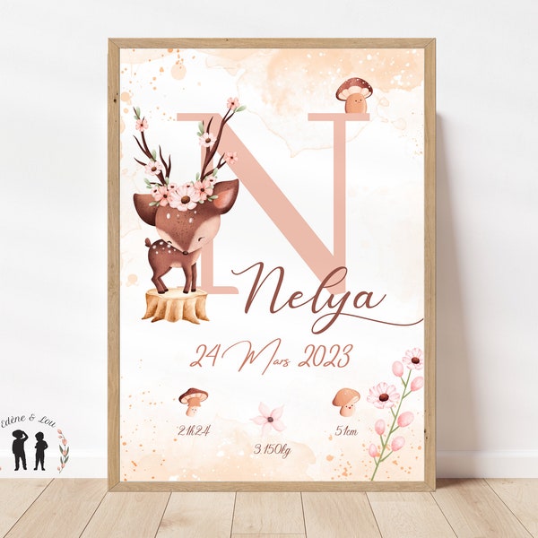 Affiche de naissance personnalisée forêt - Affiche bébé souvenir cerf & champignons - Initiale, prénom, poids, taille et heure