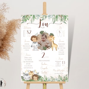 Póster de cumpleaños de Safari personalizado - póster fotográfico mixto de niño y bebé - león, jirafa y elefante - PDF o impreso