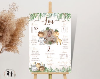 Póster de cumpleaños de Safari personalizado - póster fotográfico mixto de niño y bebé - león, jirafa y elefante - PDF o impreso