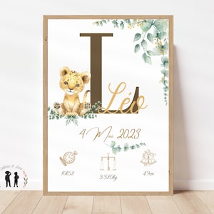 Personalized baby Lion birth poster / Souvenir baby poster / Initial, first name, weight, height and time