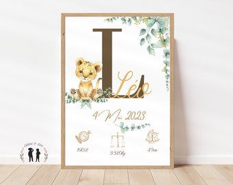 Affiche de naissance personnalisée bébé Lion / Affiche bébé souvenir / Initiale, prénom, poids, talle et heure