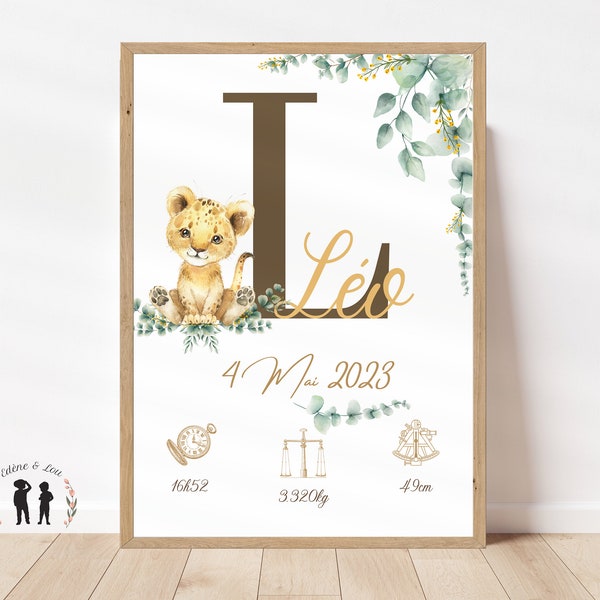 Affiche de naissance personnalisée bébé Lion / Affiche bébé souvenir / Initiale, prénom, poids, talle et heure