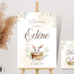 cartel de bienvenida personalizado cesta de conejo - cumpleaños de bautismo - flores y hojas de conejo - bebé y niño - pdf o impreso