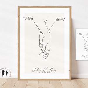 Cartel personalizado de manos de pareja - cartel minimalista de pareja con decoración de nombre y fecha - Día de San Valentín - Impreso o PDF