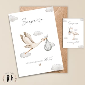 Carte annonce de grossesse cigogne et nuage - bébé naissance date - carte personnalisée - bébé arrive - mini nous - naissance