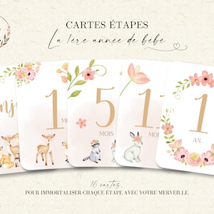 Cartes étapes bébé la première année de bébé - de la naissance à 1an - animaux - forêt - fleurs - 16 cartes
