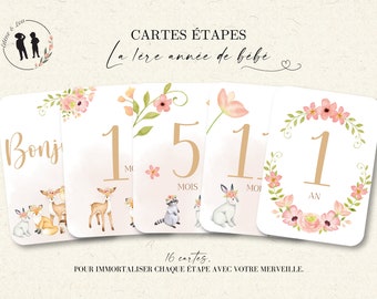 Cartes étapes bébé la première année de bébé - de la naissance à 1an - animaux - forêt - fleurs - 16 cartes