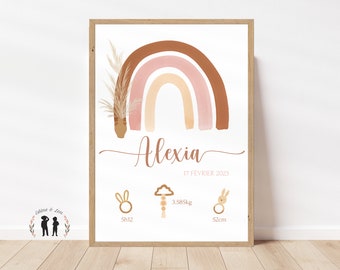 Affiche de naissance Arc-en-ciel boho personnalisée - poster bébé, heure, taille, poids - PDF ou imprimée