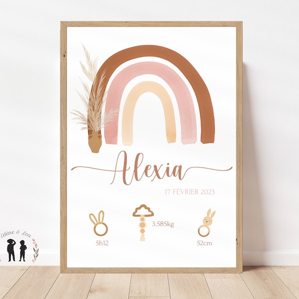 Affiche de naissance Arc-en-ciel boho personnalisée - poster bébé, heure, taille, poids - PDF ou imprimée