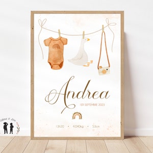 Personalisiertes Geburtsposter Wäscheleine, Body, Gans & Kamera - Baby-Souvenirposter - Vorname, Gewicht, Größe und Uhrzeit