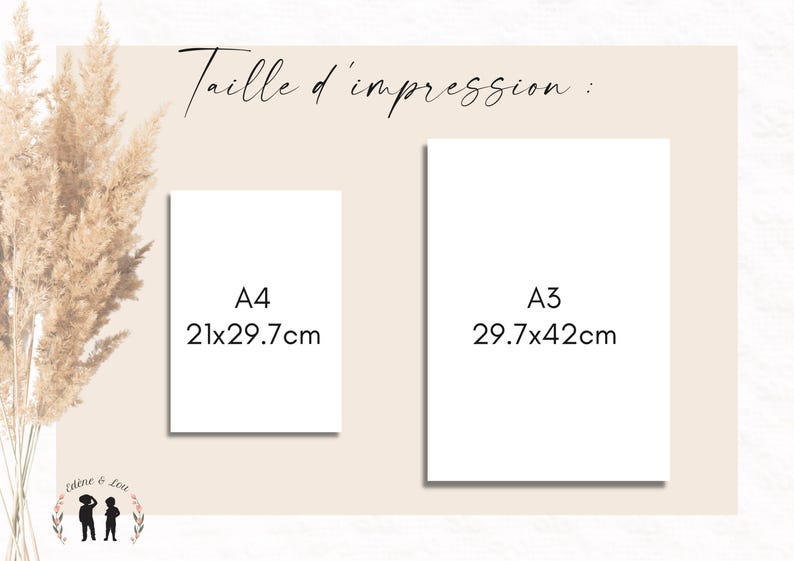 May include: Two white rectangular paper prints labeled A4 (21x29.7cm) and A3 (29.7x42cm) against a beige background. The text "Taille d'impression" is written in cursive at the top. A decorative floral arrangement is on the left.