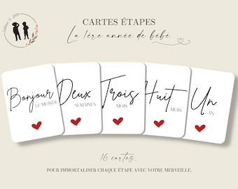 Cartes étapes bébé la première année de bébé - de la naissance à 1an - minimaliste & coeur - 16 cartes