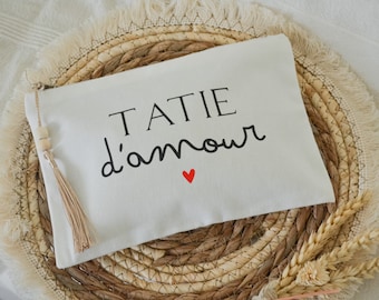 Trousse en coton "Tatie d'amour" - minimaliste coeur - personnalisée - pochette cadeau Tatie