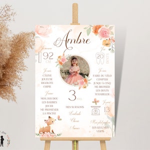 Póster personalizado de cumpleaños de zorro y flores - póster fotográfico de niño y bebé - impreso o PDF