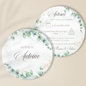 Faire-part de Baptême rond thème eucalyptus - carton d'invitation baptême - bébé et enfant