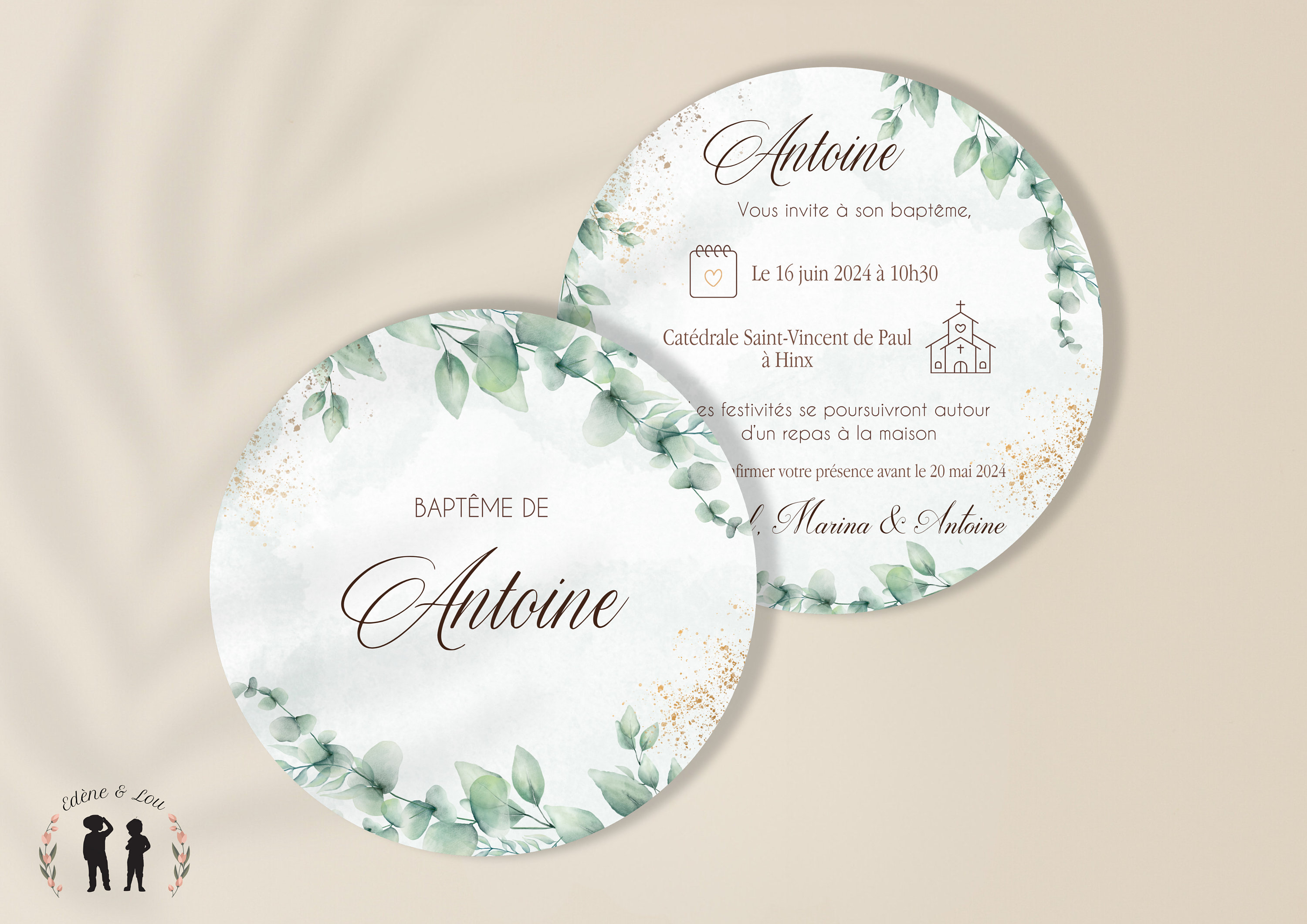 Faire-part rond de Baptême thème eucalyptus pour bébé