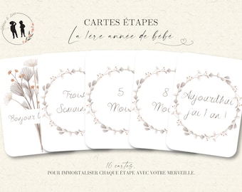 Cartes étapes bébé la première année de bébé - de la naissance à 1an - minimaliste - beige - 16 cartes