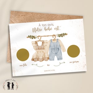 Carte à gratter personnalisée annonce du sexe de bébé vêtement boho vintage - fille ou garçon - baby shower - pastilles à gratter dorées