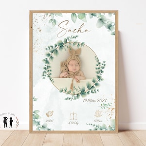 Cartel de nacimiento de bebé personalizado foto de eucalipto - cartel de bautismo - Cartel de recuerdo del bebé - Nombre, peso, altura y hora