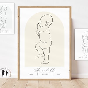 Personalized line birth poster - boho, minimalist - Initial, first name, weight, height and time - PDF or printed
