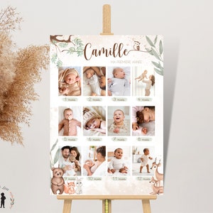 Fotoposter „Mein erstes Jahr“ – 12 Fotos für 12 Monate – Waldtier-Geburtstagsposter – Baby-Souvenir – PDF oder gedruckt
