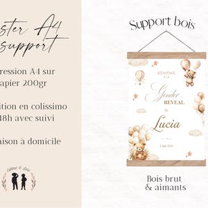May include: A4 poster with a wooden support, featuring a gender reveal theme. The poster includes the text "Gender Reveal" and the name "Lucia", with illustrations of teddy bears, balloons, and a hot air balloon. The poster is held by a wooden bar.