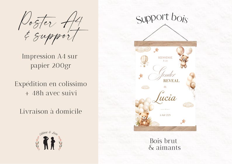 May include: A4 poster with a wooden support, featuring a gender reveal theme. The poster includes the text "Gender Reveal" and the name "Lucia", with illustrations of teddy bears, balloons, and a hot air balloon. The poster is held by a wooden bar.