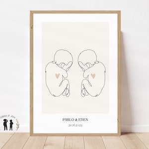 Línea de carteles de nacimiento de gemelos personalizados - Corazón de bebé - Minimalista - Inicial, nombre, peso, altura y hora