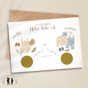 Carte à gratter personnalisée annonce du sexe de bébé vêtement boho vintage - fille ou garçon - baby shower - pastilles à gratter dorées