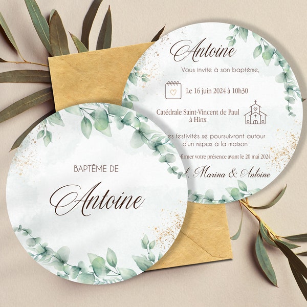 Faire-part de Baptême rond thème eucalyptus - carton d'invitation baptême - bébé et enfant