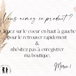 May include: A light beige background with text in French, including "Vous aimez ce produit?" and "Merci!". A decorative arrangement of dried plants is on the left. A pink heart graphic is in the upper right.