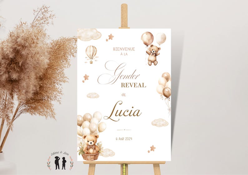 May include: A white sign on an easel with the words "Gender Reveal de Lucia" in elegant script, surrounded by watercolor illustrations of teddy bears, balloons, clouds, and stars. The date "6 Ao&ucirc;t 2024" is also displayed.