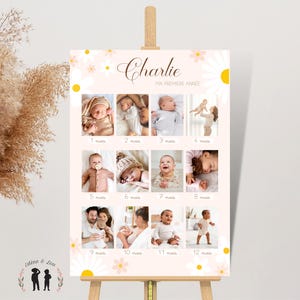Póster con fotos de mi primer año - 12 fotos para 12 meses - Póster de cumpleaños de Daisy - Recuerdo de bebé de flores - PDF o impreso
