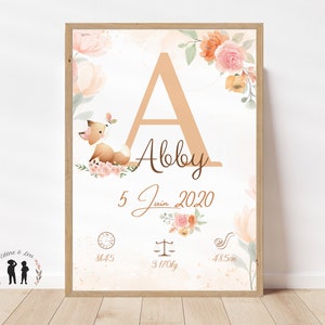 Personalized birth poster "Fox" / Baby souvenir poster / Initial, first name, weight, height and time