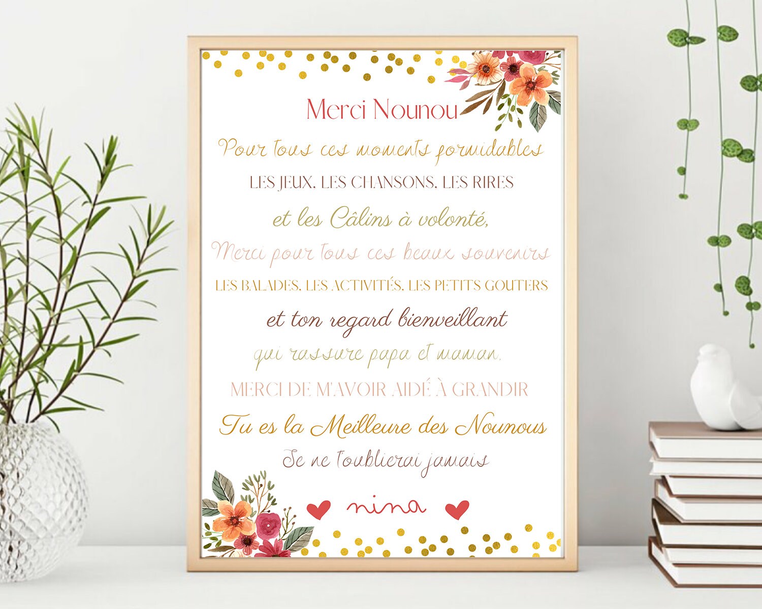 Affiche Merci Nounou Minimaliste Personnalisée Fleurs - Prénom Enfant Cadeau Nounou Pdf ou Imprimée