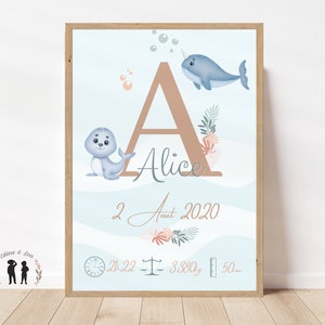 Personalisiertes Geburtsplakat Meerestiere - Souvenir-Babyplakat - Initiale, Vorname, Gewicht, Größe und Uhrzeit