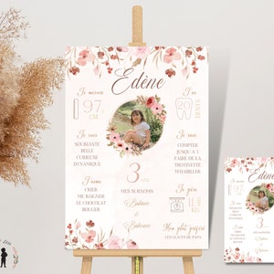 Póster personalizado de cumpleaños con flores - póster fotográfico de niño y bebé - impreso o en PDF
