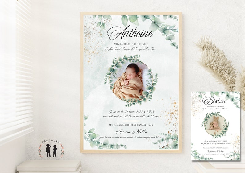 May include: A white card with a green floral border and gold accents. The card features a photo of a baby and the text "Anthoine", "MON BAPT&Ecirc;ME, LE 16 JUIN 2022", "Je suis n&eacute; le 24 f&eacute;vrier 2022 &agrave; 13h03", "mon poids &eacute;tait de 3650g et ma taille de 51cm", "Mes parents MATHILDE et JEAN ont choisi", "Anissa & Robin".