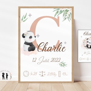 Cartel de nacimiento personalizado Panda - Cartel de recuerdo del bebé - Inicial, nombre, peso, altura y hora - pdf o impreso