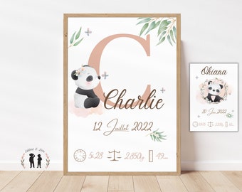 May include: A pink and white baby announcement poster with a panda bear and the letter C. The poster says "Charlie" and includes the date "12 Juillet 2022", the time "5.28", the weight "2.850g", and the length "49cm".