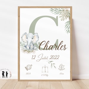 Personalized birth poster Elephant - Initial, first name, weight, height and time - PDF or printed