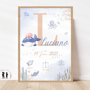 Cartel de nacimiento personalizado Animales marinos - Ballena, pulpo... - Cartel de recuerdo bebé - Inicial, nombre, peso, altura y hora